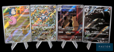 cinq cartes Pokémon différentes exposées sur un fond noir
