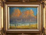 an oil painting of a beach scene with sailboats in the distance