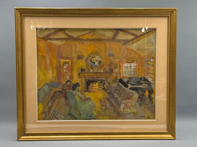 painting of a living room with a fireplace and a painting of a family