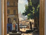 an oil painting of a street scene with a fountain in the foreground