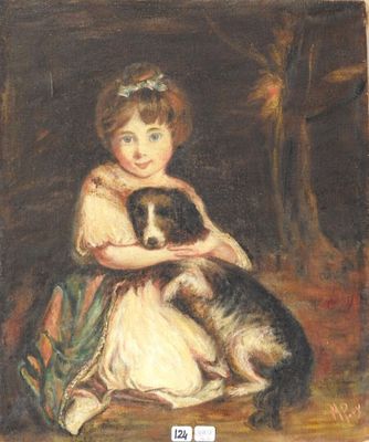 painting of a young girl holding a dog in her arms