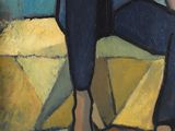 an oil painting of a woman sitting on a couch with her legs crossed