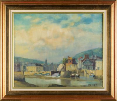 an oil painting of a river scene with boats in the water