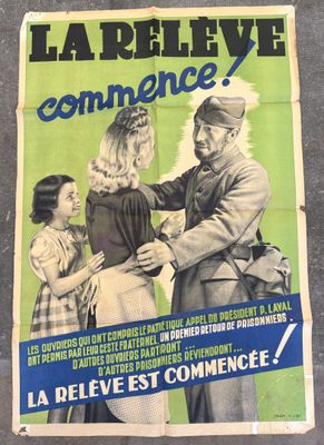 french poster of a soldier helping a woman to tie her hair