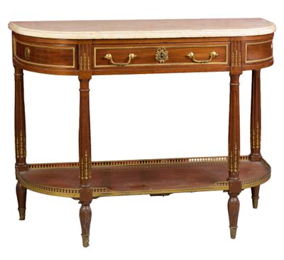 an image of a wooden table with a marble top and two drawers