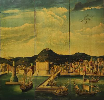 quatre panneaux d'un tableau représentant un port avec des bateaux sur l'eau
