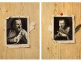 two pictures of a man with a feather on a wooden wall