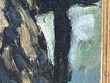 a painting of a man sitting at a table