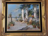 an oil painting of a woman sitting on a porch with a dog