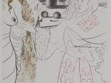 drawing of a woman in a white dress and a man in a black suit