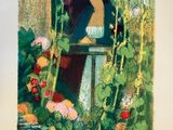 a painting of a woman looking out of a window