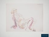 dessin représentant une femme nue assise sur une chaise, les jambes croisées