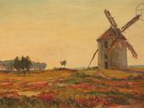 une peinture à l'huile représentant un moulin à vent dans un champ de fleurs
