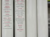 several books are lined up in a row on a shelf