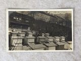 une vieille photo montrant un groupe de ruches devant un bâtiment
