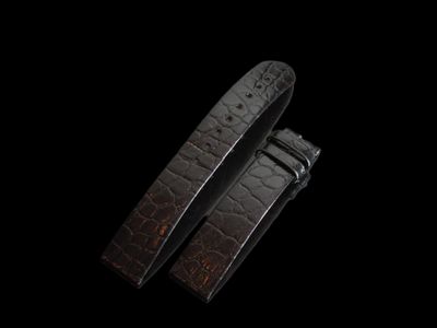 deux ceintures en cuir d'alligator marron sur fond noir