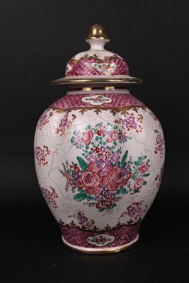 an image of a white and pink vase with flowers on it