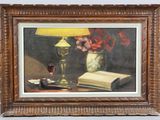 painting of a lamp and a book on a table next to a glass of wine