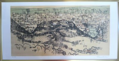 dessin représentant une vue de la ville depuis un point de vue en hauteur