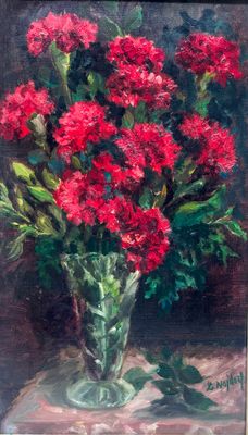 painting of red carnations in a glass vase on a table