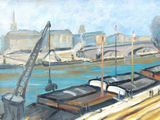 a painting of a boat docked at a dock