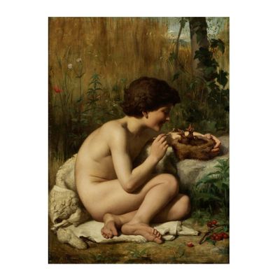 tableau représentant une femme nue assise par terre en train de manger un morceau de pain