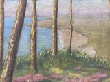 painting of a landscape with trees and flowers in the foreground