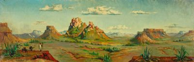 an oil painting of a desert scene with mountains and clouds in the background