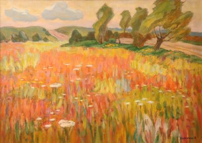 une peinture à l'huile représentant un champ de fleurs avec des arbres en arrière-plan
