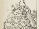 drawing of a woman in a dress with a dog in her lap