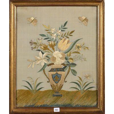 peinture représentant un vase orné de fleurs et de papillons sur fond beige