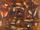 abstract painting of a clock with gears and gears on a wooden surface