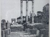 an old drawing of a roman temple with columns in the foreground