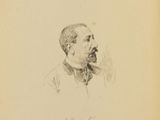 an old book with a drawing of a man with a mustache