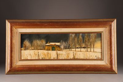 an oil painting of a house in a snowy landscape