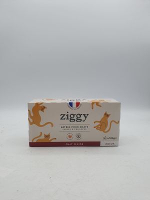 une photo d'une boîte de friandises pour chat « Ziggy » posée sur une surface blanche