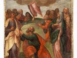 a painting of a group of people in a field with an umbrella