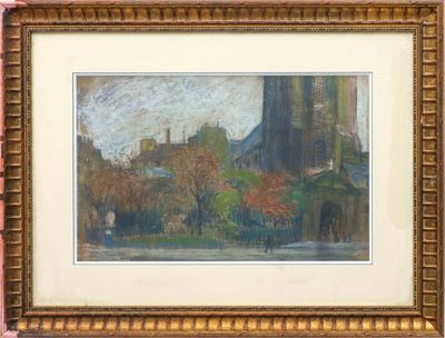 painting of a city scene with a church in the distance and trees in the foreground