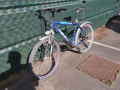 un vélo bleu garé près d'un mur de briques vertes