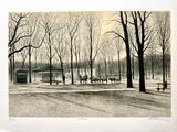 un dessin en noir et blanc représentant des chevaux dans un parc