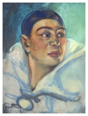 an image of a painting of a woman with a blue head scarf