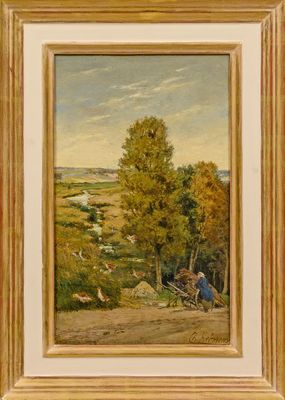 un tableau représentant un paysage avec une personne assise sur un banc
