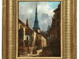 une peinture à l'huile représentant une scène de rue avec un clocher d'église en arrière-plan