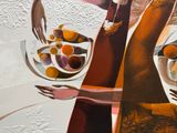 un tableau représentant une femme tenant une assiette de nourriture