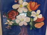 a painting of flowers in a vase on the wall