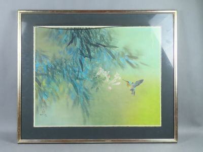 painting of a hummingbird and a hummingbird in flight in front of a green background