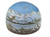 a picture of a blue and white vase with a mountain scene on it