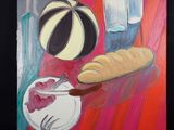 un tableau représentant une table sur laquelle sont posés du pain et du vin
