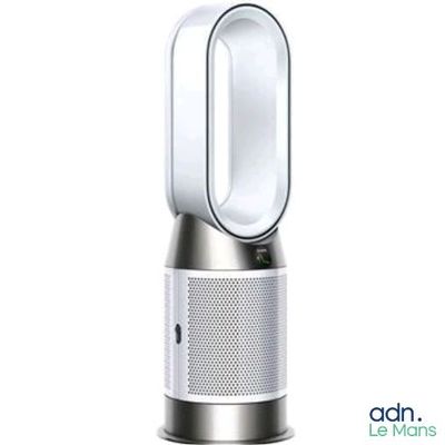 un purificateur d'air blanc posé sur un socle métallique
