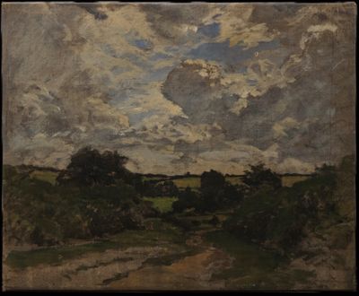 une image représentant un tableau où l'on voit un ciel nuageux au-dessus d'un champ